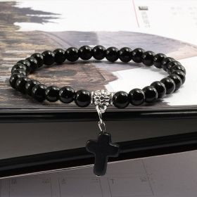 Vintage Cross Natural Stone Bracelet (Color: Bright Black)